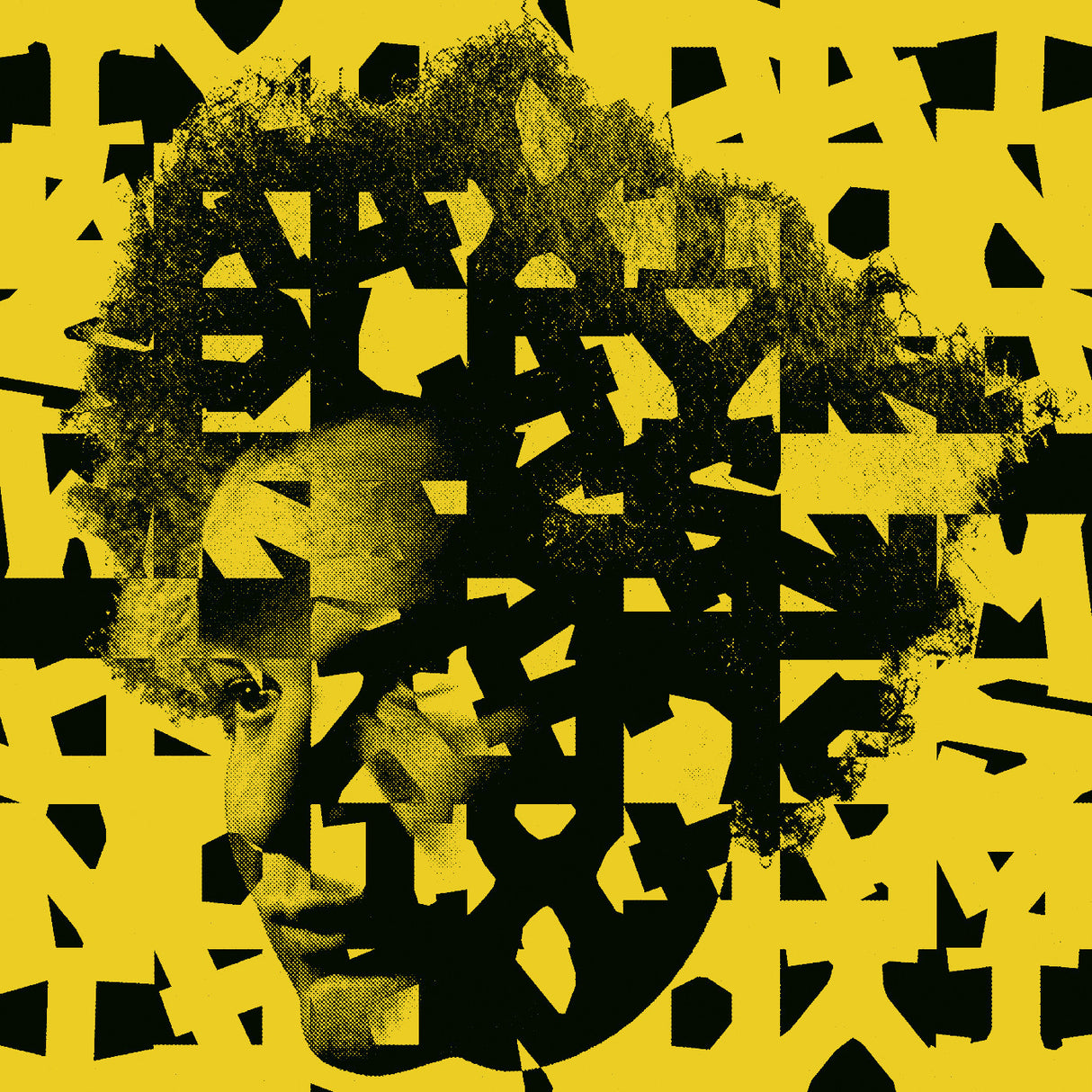 Abstract art with a face and geometric shapes on a yellow background