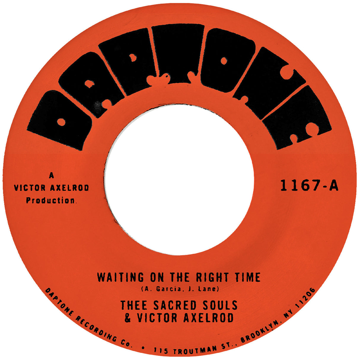Record label with 'Daptone' branding and text about a music track by Thee Sacred Souls & Victor Axelrod.