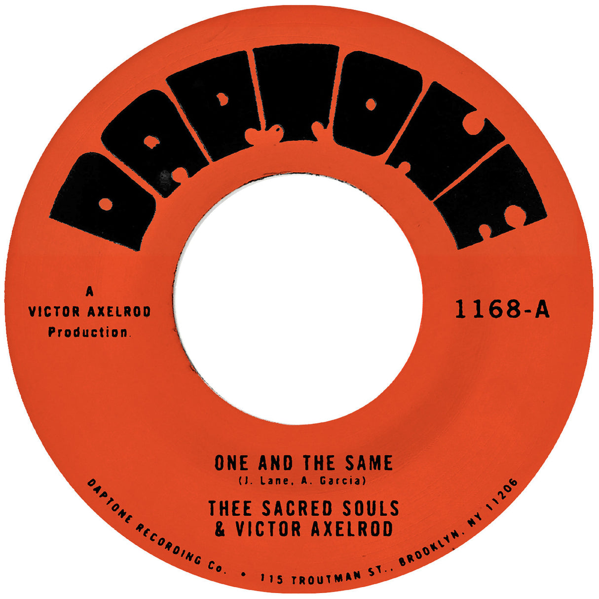 Orange vinyl record label with black text for 'One and the Same' by Thee Sacred Souls & Victor Axelrod