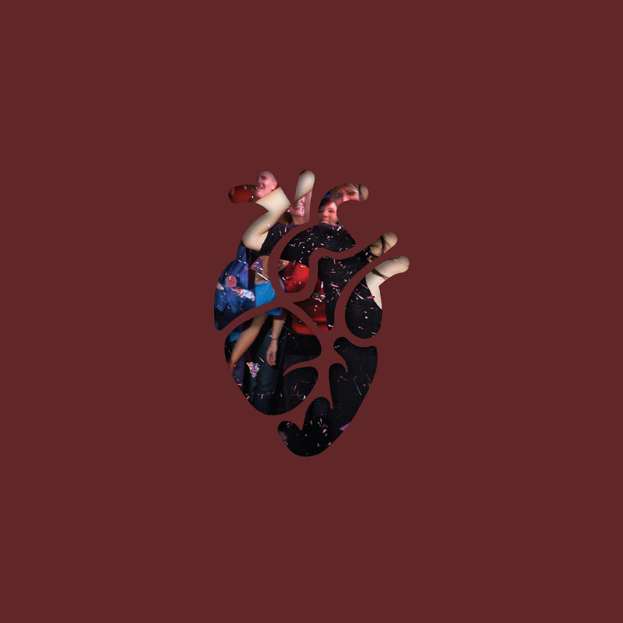 Heart-shaped collage of people on a brown background