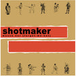 A square graphic design featuring black line-art illustrations of martial arts and historical figures on a tan background, with a large red horizontal band containing the text 'shotmaker' and smaller text 'mouse ear [forget-me-not]'.