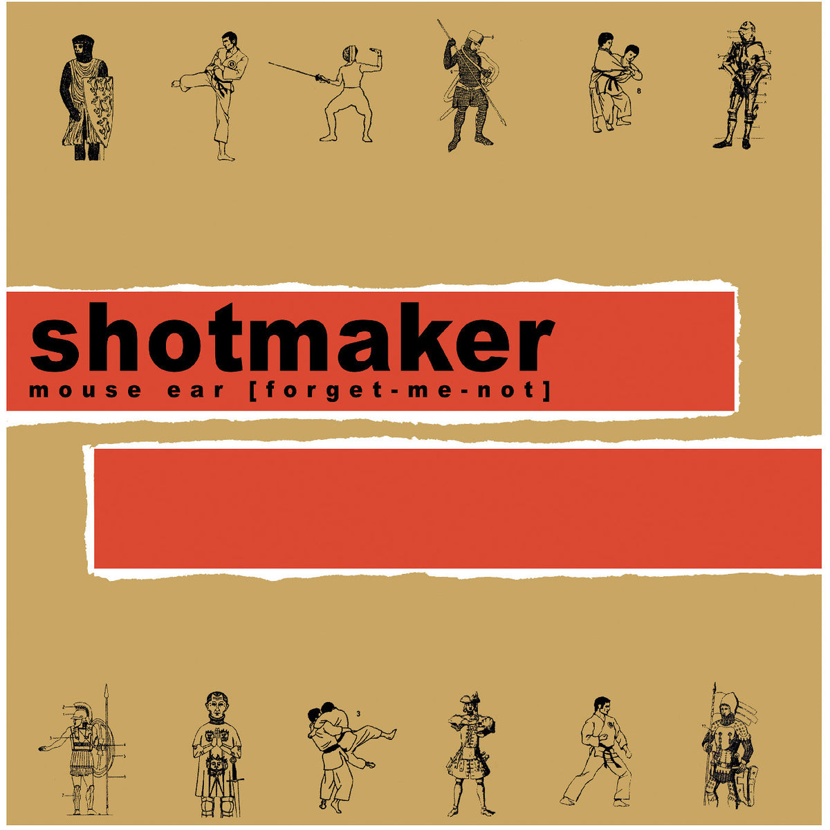 A square graphic design featuring black line-art illustrations of martial arts and historical figures on a tan background, with a large red horizontal band containing the text 'shotmaker' and smaller text 'mouse ear [forget-me-not]'.