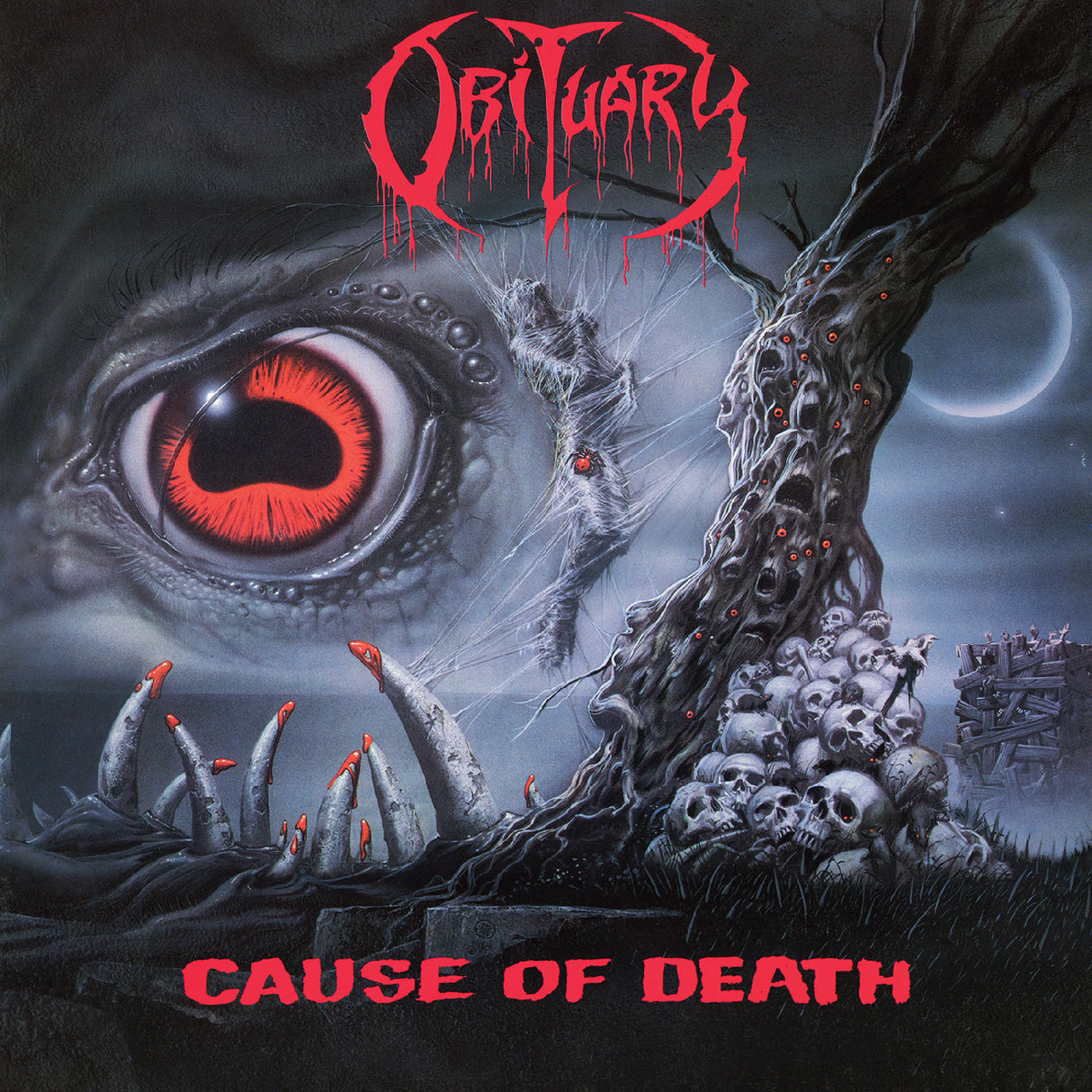 Album cover for 'Cause of Death' by Obituary featuring a eye, tentacles, and skulls.