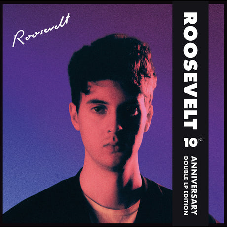 Album cover with a person against a purple gradient background, featuring the word 'Roosevelt' and text about an anniversary edition.