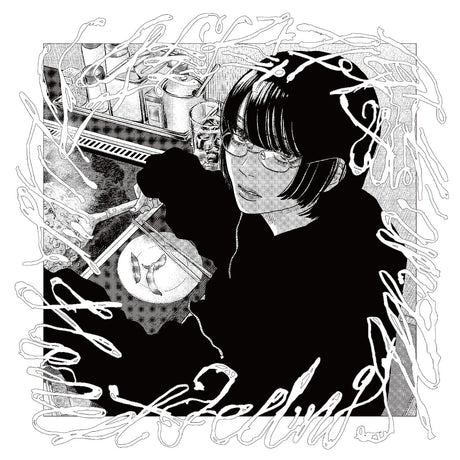 Black and white illustration of a person cooking with kitchen utensils.