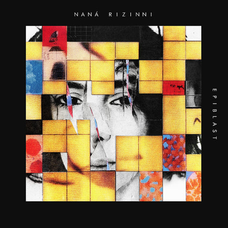 Album cover for 'Epiblast' by Nana Rizinni, featuring a black background with a central collage of yellow, red, blue, and black-and-white square tiles forming a stylized face. The artist's name is printed at the top and the album title on the right side.