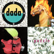 A 2x2 collage showing four different images: a circular sticker or patch with the word 'dada' and letters A D A D on a split yellow and teal background, a beige horse figurine with bright orange flames around its head, a small pink creature with neon green hair held in a red bench vise, and a white background covered in silver springs with the word 'puzzle' in pink.