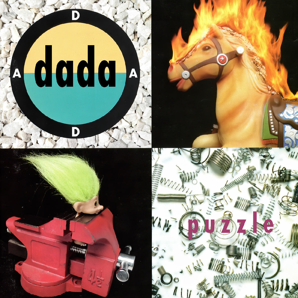 A 2x2 collage showing four different images: a circular sticker or patch with the word 'dada' and letters A D A D on a split yellow and teal background, a beige horse figurine with bright orange flames around its head, a small pink creature with neon green hair held in a red bench vise, and a white background covered in silver springs with the word 'puzzle' in pink.