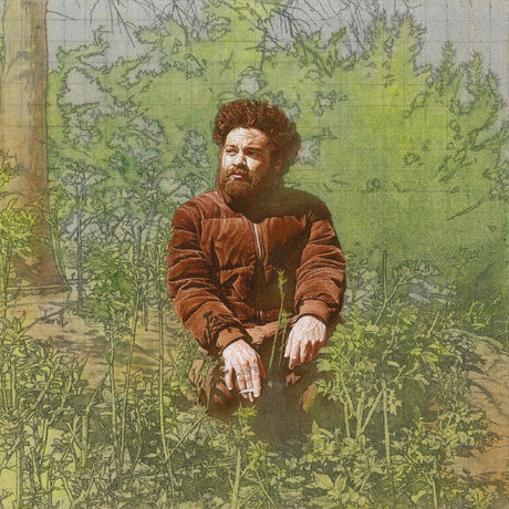 A vintage-style illustrated portrait of a bearded man in a brown jacket kneeling among green plants and trees, rendered in muted earthy tones.