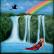 A colorful fantasy-style painting of a waterfall landscape with a rainbow in the sky, a bird overhead, and a woman reclining in the foreground wearing a red dress and a flower in her hair.