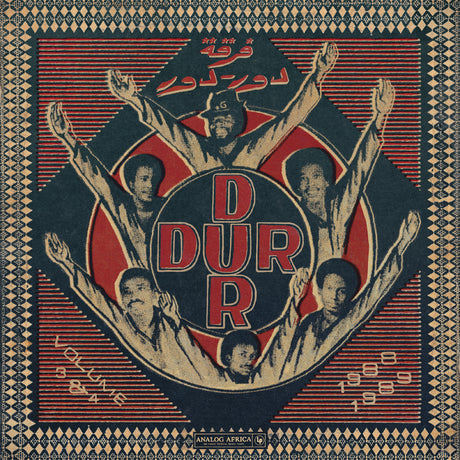 Analog Africa Dur-Dur Volume 3 1984 album cover featuring stylized illustrations of six figures with raised arms, set against a red and black striped background with a geometric border.