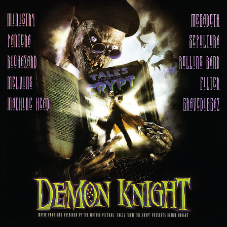 Album cover for 'Demon Knight' featuring a creature holding books with band names listed.