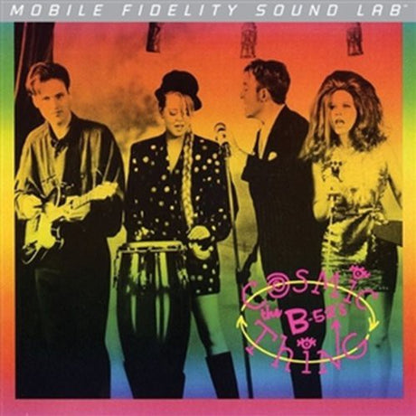 Album cover with four people and colorful gradient background, featuring 'Cosmic Thing' text.