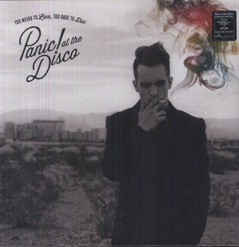 Album cover for Panic! at the Disco with a person smoking and cityscape in the background