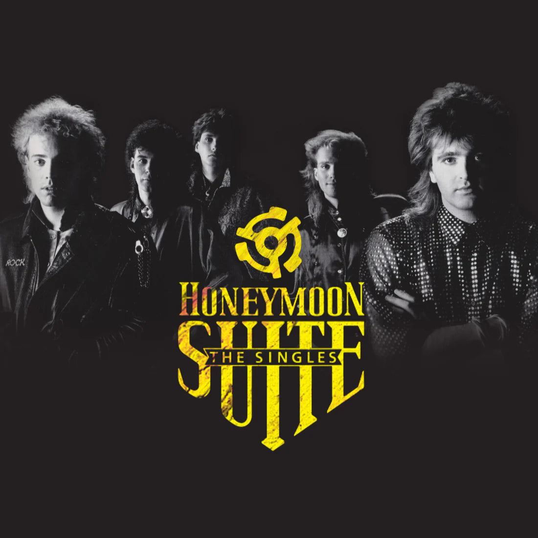 Album cover with a band lineup and 'Honeymoon Suite: The Singles' text on a black background
