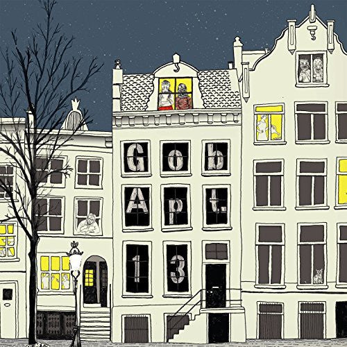 Illustration of a row of buildings with window displays and text.