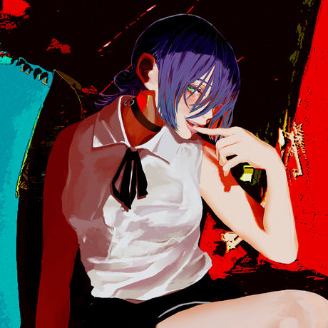 Artistic depiction of a character with purple hair and a white shirt against a colorful background