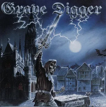 Album cover for 'Excalibur' by Grave Digger with a skeleton holding a sword in front of a castle.