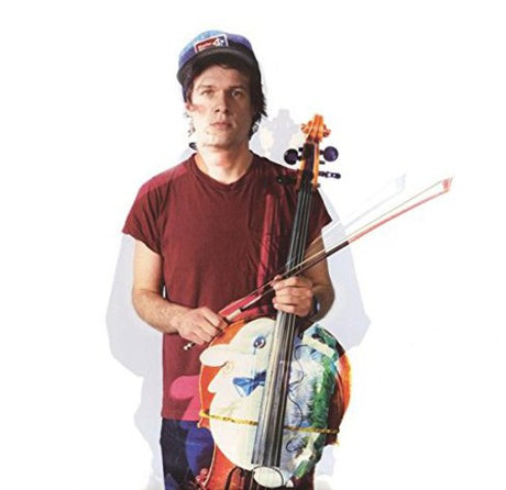 Person holding a colorful cello with a white background