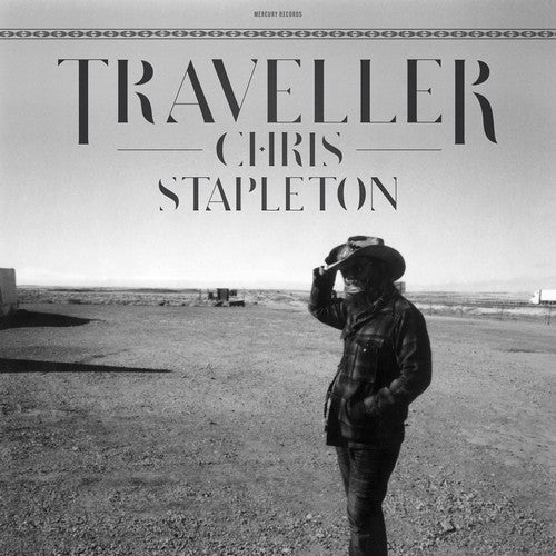 Album cover for 'Traveller' by Chris Stapleton with a person in a cowboy hat and leather jacket standing in an open landscape.