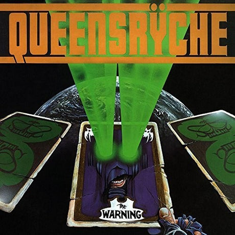 Album cover for 'The Warning' by Queensryche featuring green legs and a card with a face.
