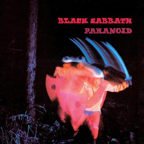 Album cover for 'Paranoid' by Black Sabbath with a person holding a guitar and axe.