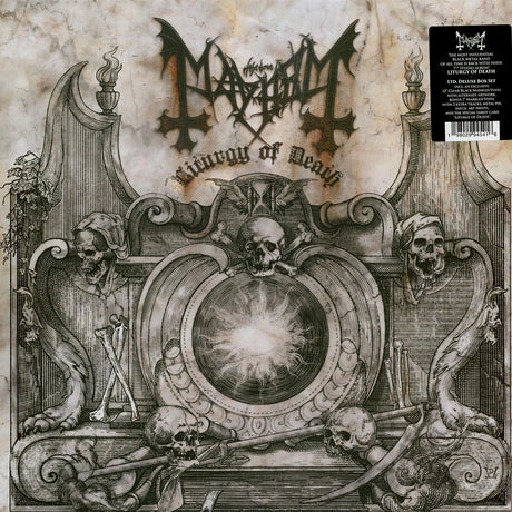 Album cover with ornate design, skulls, and text on a textured background