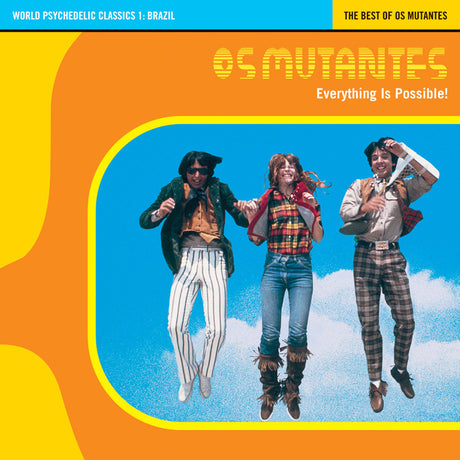 Album cover of 'Os Mutantes' with three people against a blue sky and orange border.