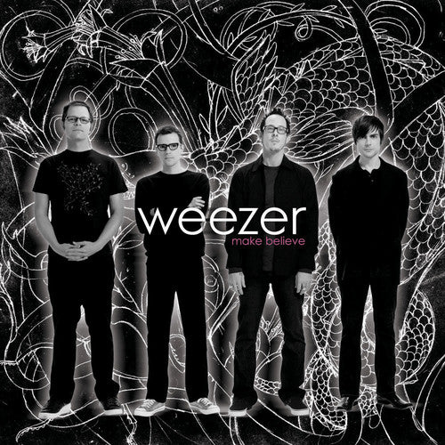Album cover for 'Make Believe' by Weezer featuring four band members in black and white.