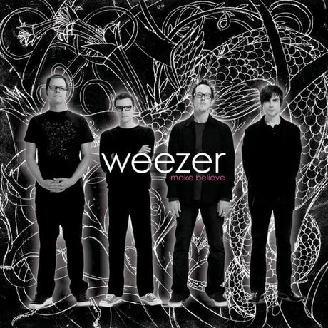 Album cover for 'Make Believe' by Weezer featuring four band members in black and white.