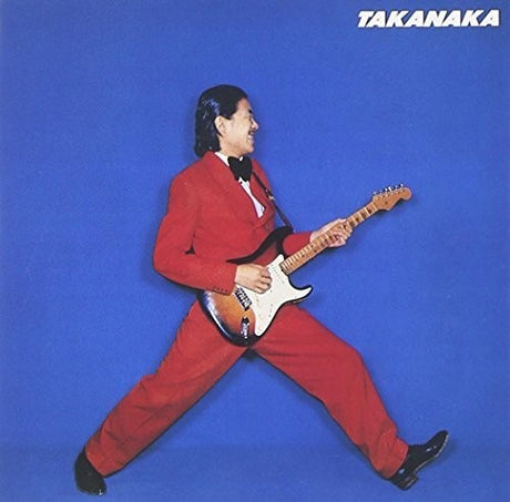 Person in a red suit playing an electric guitar on a blue background with 'Takanaka' branding.