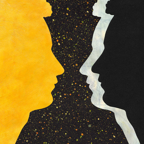 Two silhouetted profiles facing each other on a textured black background with yellow and white accents.