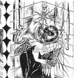 Black and white illustration of two people embracing in front of a window with candles.