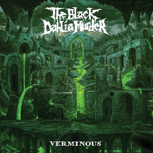 Album cover for 'Verminous' by The Black Dahlia Murder with gothic architecture and green lighting.