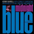 Album cover for 'Midnight Blue' by Kenny Burrell with text and a small inset of a person playing piano.