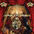 Album cover for 'Cephalic Carnage' featuring a central figure with alien and human elements, surrounded by red curtains and tarot cards.