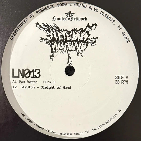 A close-up of a vinyl record label for the release 'L/Nº13' by Limited Network, featuring black text and graphic artwork on a white circular label, photographed against a dark background.