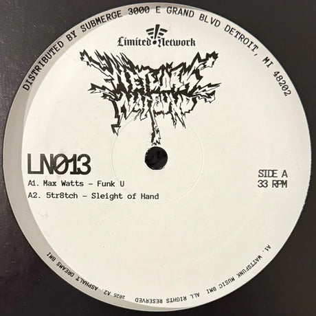 A close-up of a vinyl record label for the release 'L/Nº13' by Limited Network, featuring black text and graphic artwork on a white circular label, photographed against a dark background.