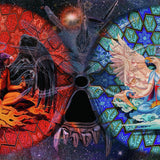 Mural with fantasy elements including a dragon, phoenix, and mystical symbols.