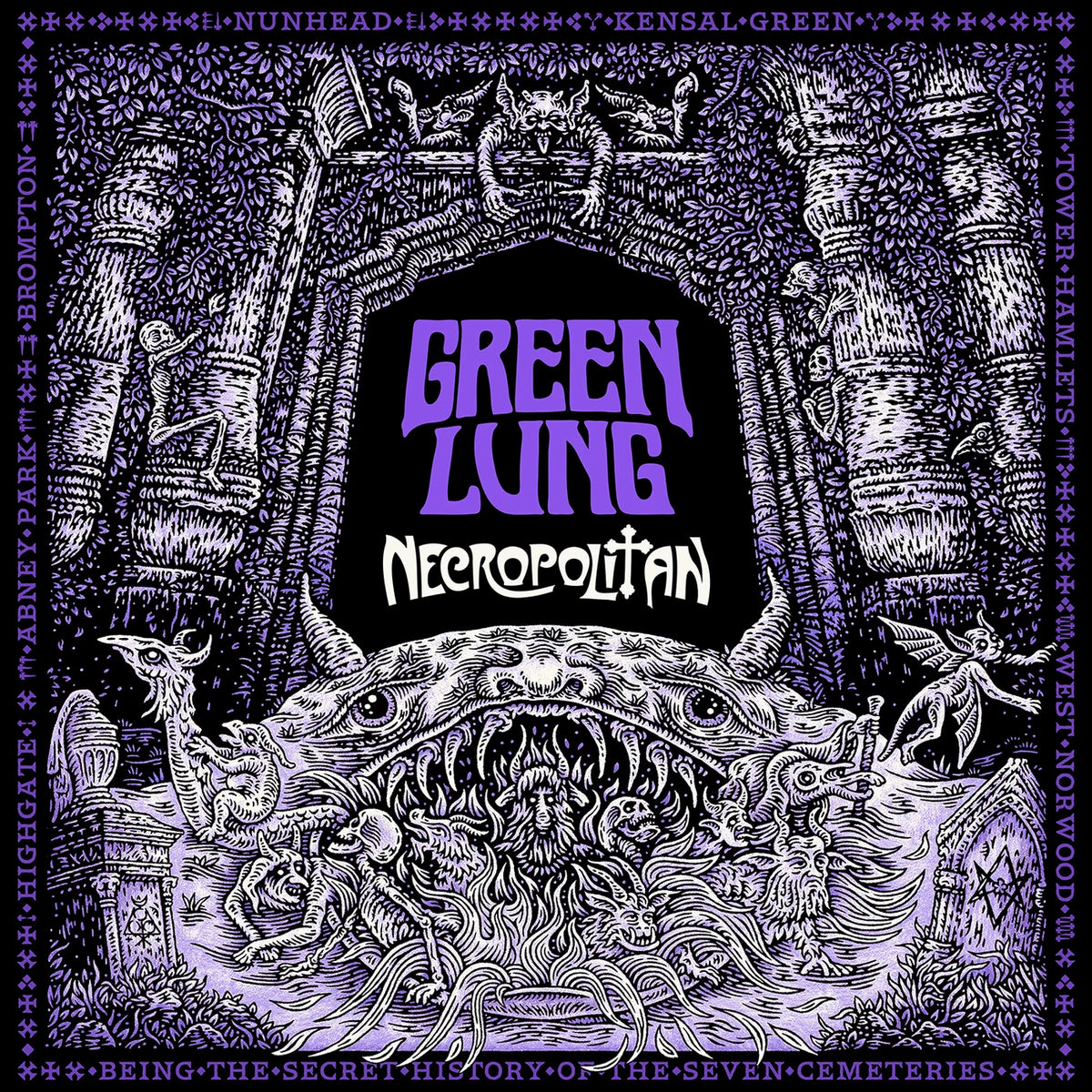 Album cover for 'Necropolitan' by Green Lung with intricate designs and text.