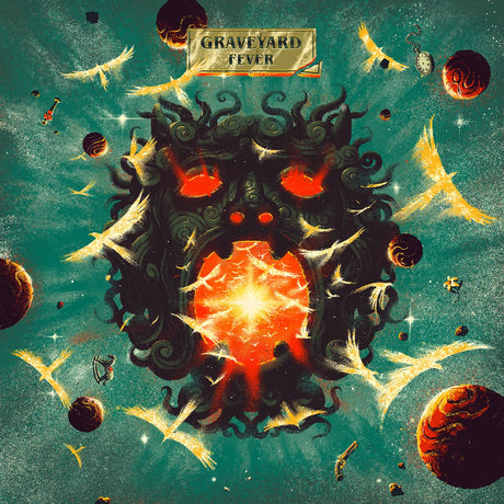 Album cover for 'Graveyard Fever' with a central fiery design and celestial elements.