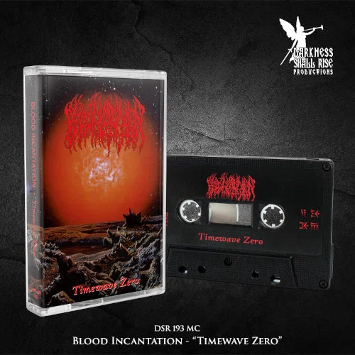 A cassette tape and jewel case album cover for the band Darkness Shall Rise Productions, featuring the title 'Blood Incantation - Timewave Zero' with a red abstract logo and orange-red celestial artwork on a dark textured background.