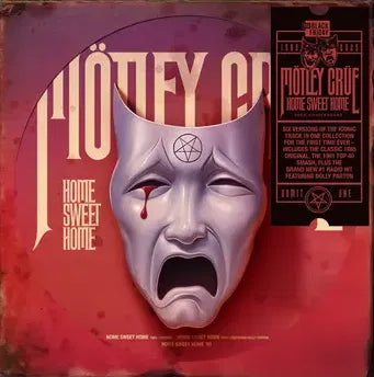 Vinyl record cover with a mask design and text on a red background