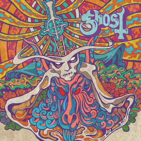 Colorful album cover with a stylized skull and abstract patterns, featuring the band 'Ghost'.