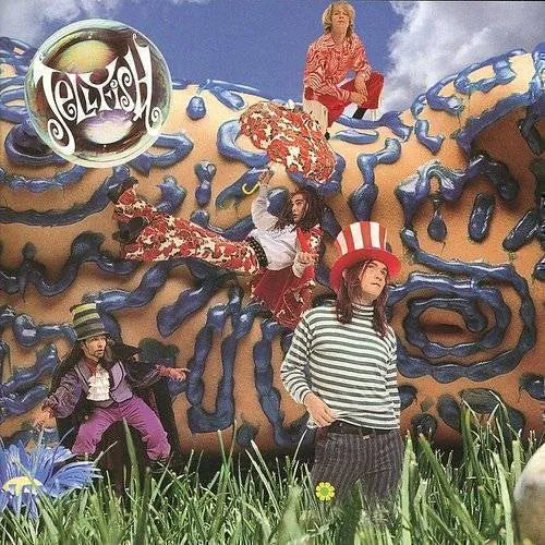 Album cover for Jellyfish - Bellybutton LP featuring a collage of bizarre and surrealistic images of people in costumes and poses with a blue textured background and a donut with a face in the background.