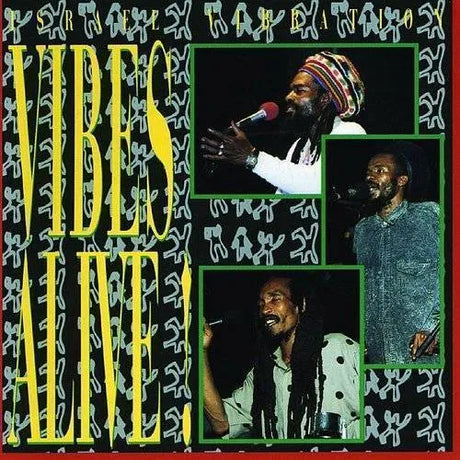 Rastafarian vinyl album cover for 'Vibes Alive!' featuring three photos of Bob Marley performing, with large yellow text and a black background patterned with small white figures.