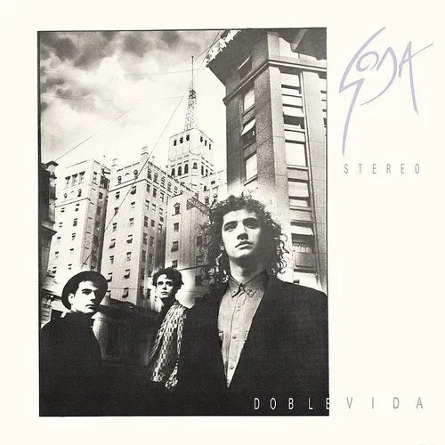 Album cover with a black and white photo of people in front of buildings, featuring the text 'Soda Stereo Doble Vida'.