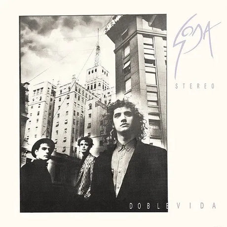 Album cover with a black and white photo of people in front of buildings, featuring the text 'Soda Stereo Doble Vida'.