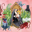Album cover art for Father John Misty's I Love You Honeybear LP featuring a colorful and fantastical illustration with various characters and a vinyl record label.