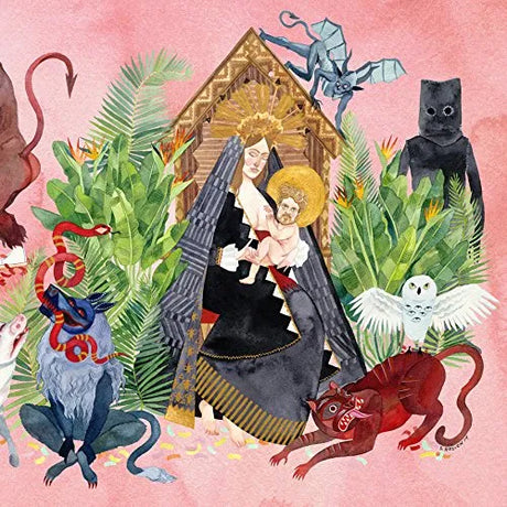 Album cover art for Father John Misty's I Love You Honeybear LP featuring a colorful and fantastical illustration with various characters and a vinyl record label.